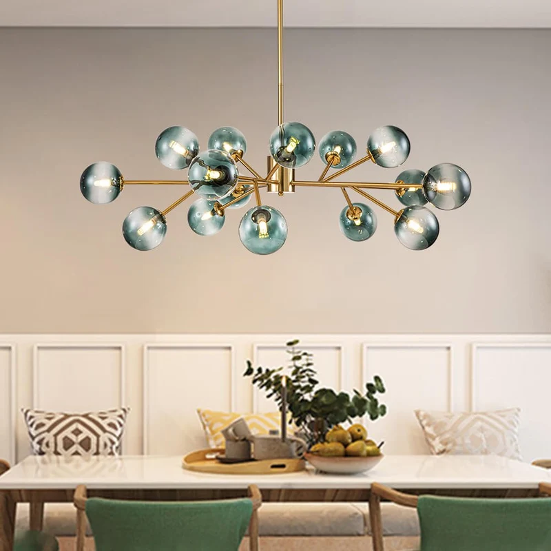 Kroonluchter Sputnik 15-Lichts Blauw Glas Goud Zwart 112cm Eetkamer Woonkamer Dimbaar