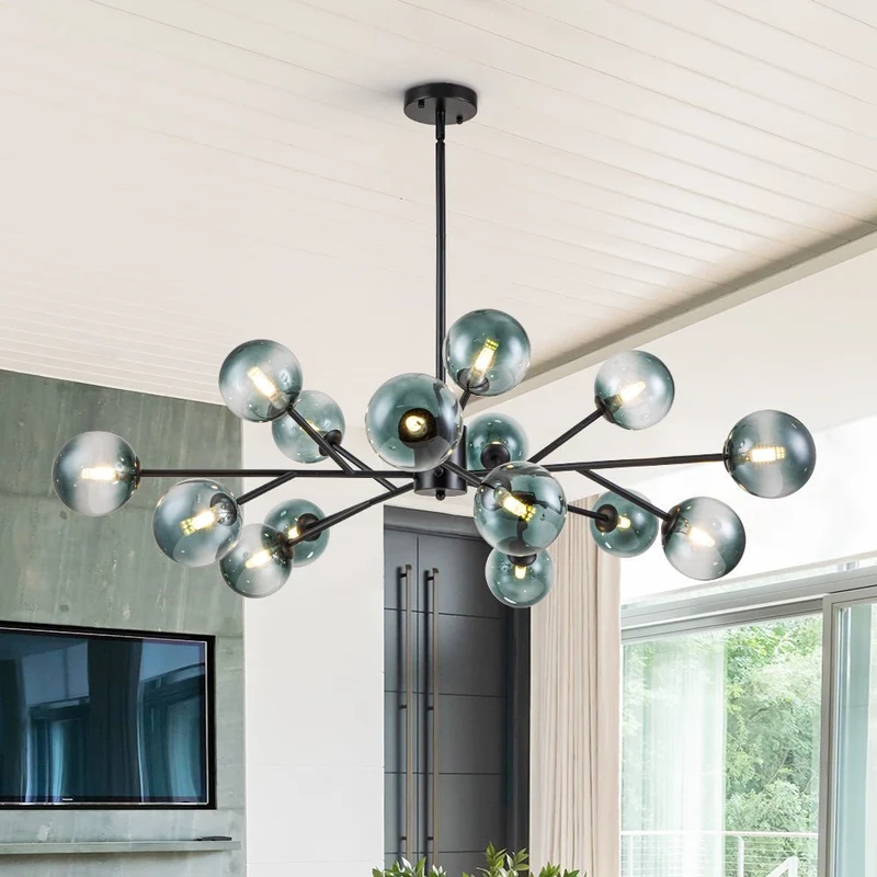 Kroonluchter Sputnik 15-Lichts Blauw Glas Goud Zwart 112cm Eetkamer Woonkamer Dimbaar