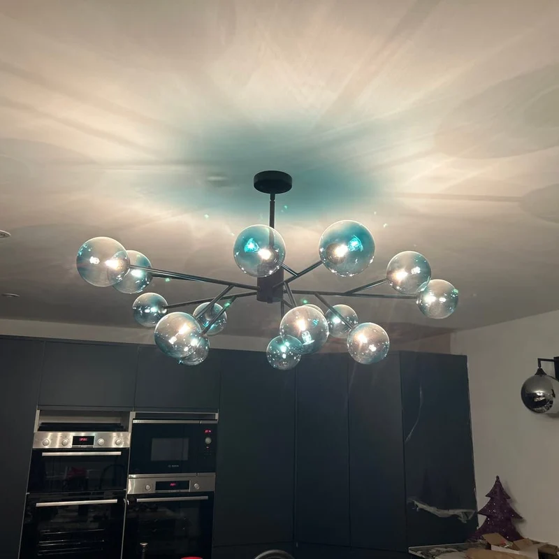 Kroonluchter Sputnik 15-Lichts Blauw Glas Goud Zwart 112cm Eetkamer Woonkamer Dimbaar