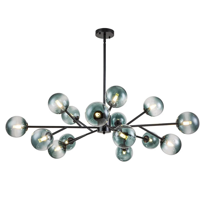 Kroonluchter Sputnik 15-Lichts Blauw Glas Goud Zwart 112cm Eetkamer Woonkamer Dimbaar