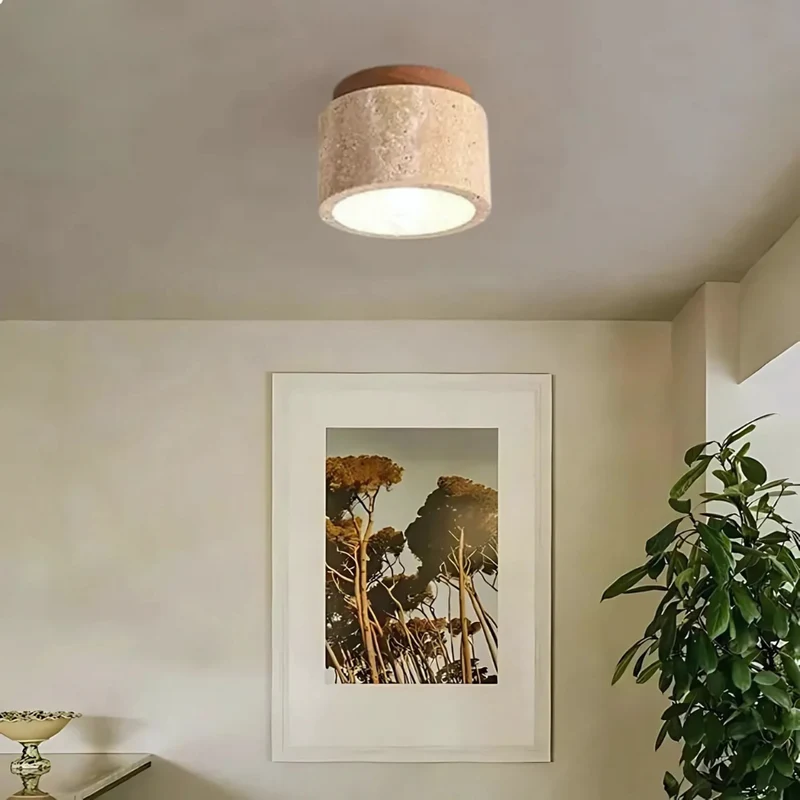 Plafondlamp Travertin Cilinder Met Houten Accent E27 12cm | Sansoti