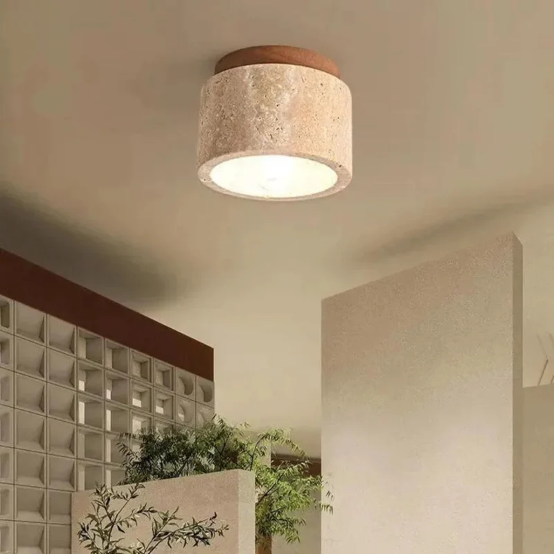 Plafondlamp Travertin Cilinder Met Houten Accent E27 12cm | Sansoti
