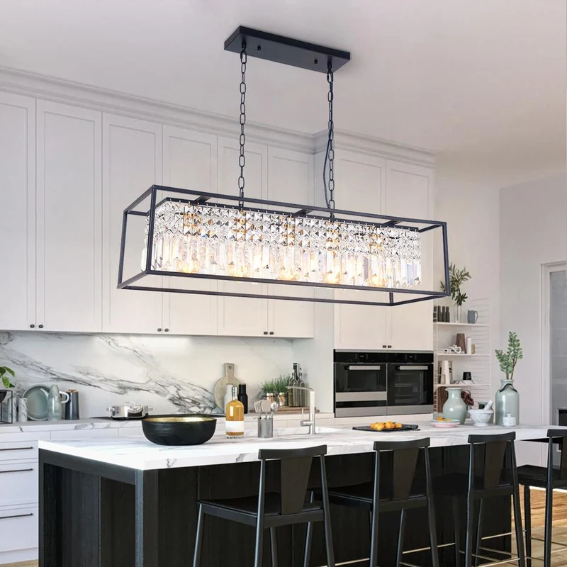 Luxe Rechthoekige Kristallen Hanglamp Zwart voor Keukeneiland en Eettafel met 5 Lichtpunten | Sansoti