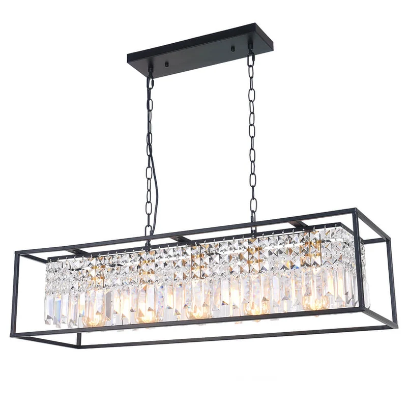 Luxe Rechthoekige Kristallen Hanglamp Zwart voor Keukeneiland en Eettafel met 5 Lichtpunten | Sansoti