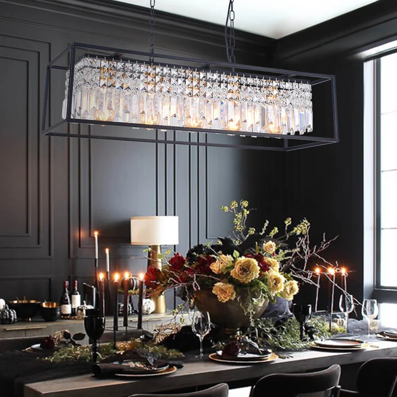 Luxe Rechthoekige Kristallen Hanglamp Zwart voor Keukeneiland en Eettafel met 5 Lichtpunten | Sansoti