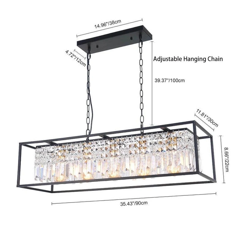 Luxe Rechthoekige Kristallen Hanglamp Zwart voor Keukeneiland en Eettafel met 5 Lichtpunten | Sansoti