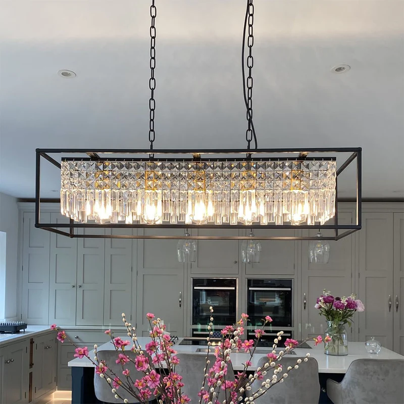 Luxe Rechthoekige Kristallen Hanglamp Zwart voor Keukeneiland en Eettafel met 5 Lichtpunten | Sansoti