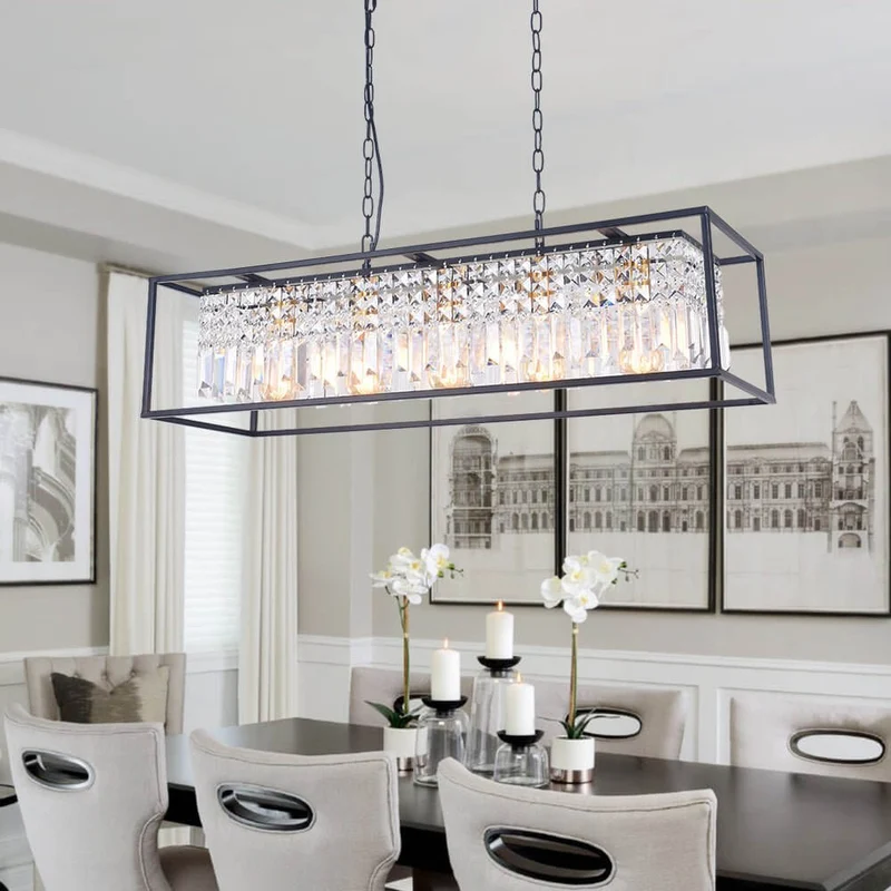 Luxe Rechthoekige Kristallen Hanglamp Zwart voor Keukeneiland en Eettafel met 5 Lichtpunten | Sansoti