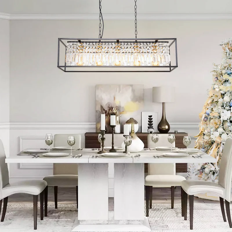 Luxe Rechthoekige Kristallen Hanglamp Zwart voor Keukeneiland en Eettafel met 5 Lichtpunten | Sansoti