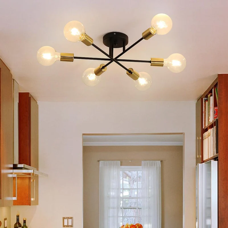 Messing sputnik plafondlamp met 6 lichtpunten – semi flush design voor lage plafonds 60 cm | Sansoti
