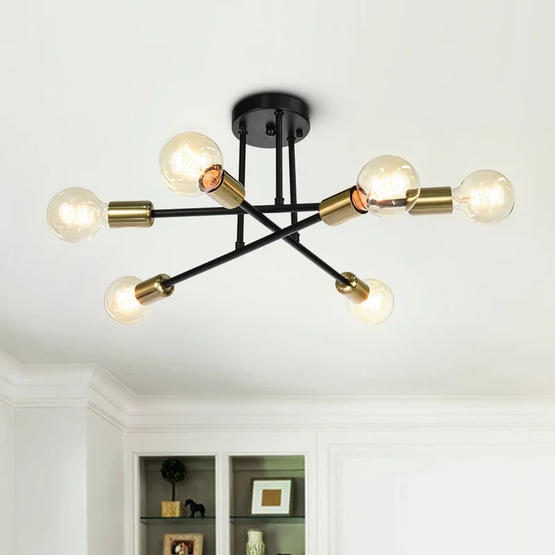 Messing sputnik plafondlamp met 6 lichtpunten – semi flush design voor lage plafonds 60 cm | Sansoti