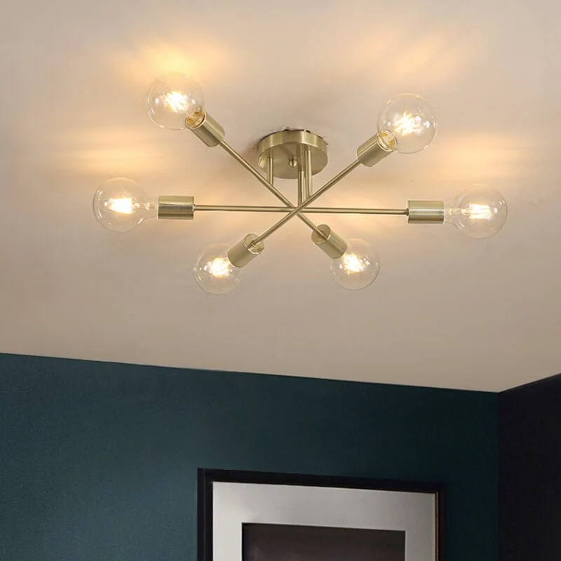 Messing sputnik plafondlamp met 6 lichtpunten – semi flush design voor lage plafonds 60 cm | Sansoti