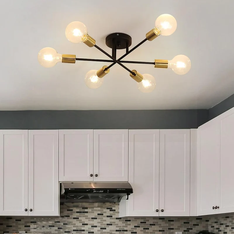 Messing sputnik plafondlamp met 6 lichtpunten – semi flush design voor lage plafonds 60 cm | Sansoti