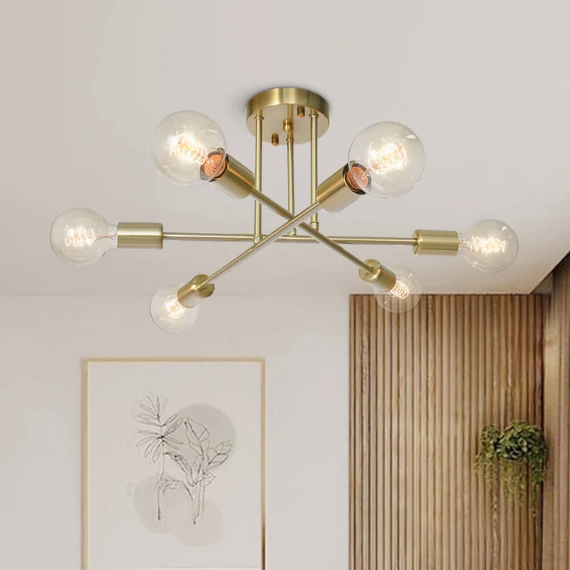 Messing sputnik plafondlamp met 6 lichtpunten – semi flush design voor lage plafonds 60 cm | Sansoti