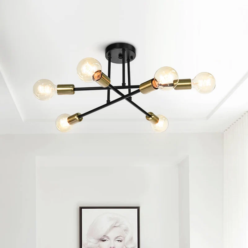 Messing sputnik plafondlamp met 6 lichtpunten – semi flush design voor lage plafonds 60 cm | Sansoti