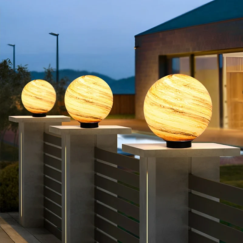Buitenlamp Paalkop Bol Glas Marmerlook Warmwit Tuin Oprit Hek Villa Buitenverlichting Sokkel Lamp E27 IP54 Tuinlamp Sfeerverlichting | Sansoti