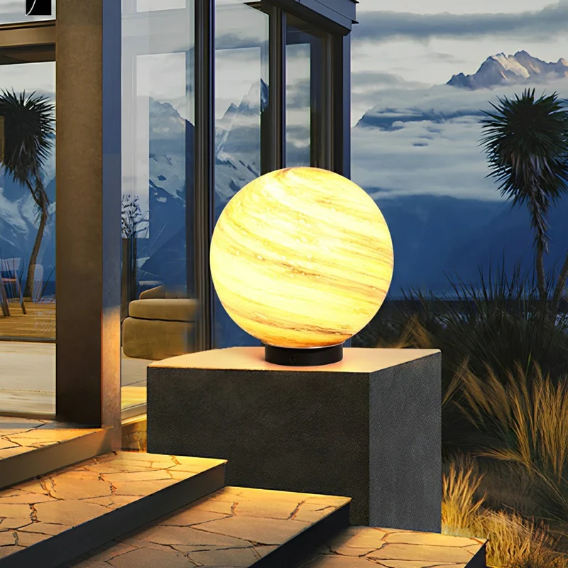 Buitenlamp Paalkop Bol Glas Marmerlook Warmwit Tuin Oprit Hek Villa Buitenverlichting Sokkel Lamp E27 IP54 Tuinlamp Sfeerverlichting | Sansoti