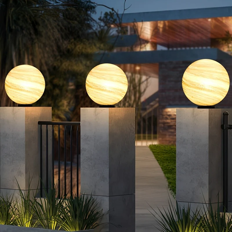 Buitenlamp Paalkop Bol Glas Marmerlook Warmwit Tuin Oprit Hek Villa Buitenverlichting Sokkel Lamp E27 IP54 Tuinlamp Sfeerverlichting | Sansoti