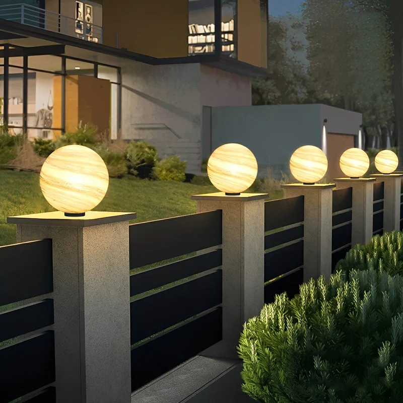 Buitenlamp Paalkop Bol Glas Marmerlook Warmwit Tuin Oprit Hek Villa Buitenverlichting Sokkel Lamp E27 IP54 Tuinlamp Sfeerverlichting | Sansoti