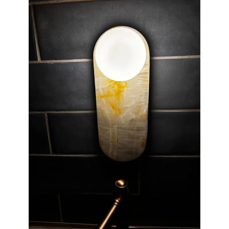 Luxe Wandlamp van Jade of Marmer met Glazen Kap – Mid Century Design Verlichting voor Slaapkamer en Hal | Sansoti