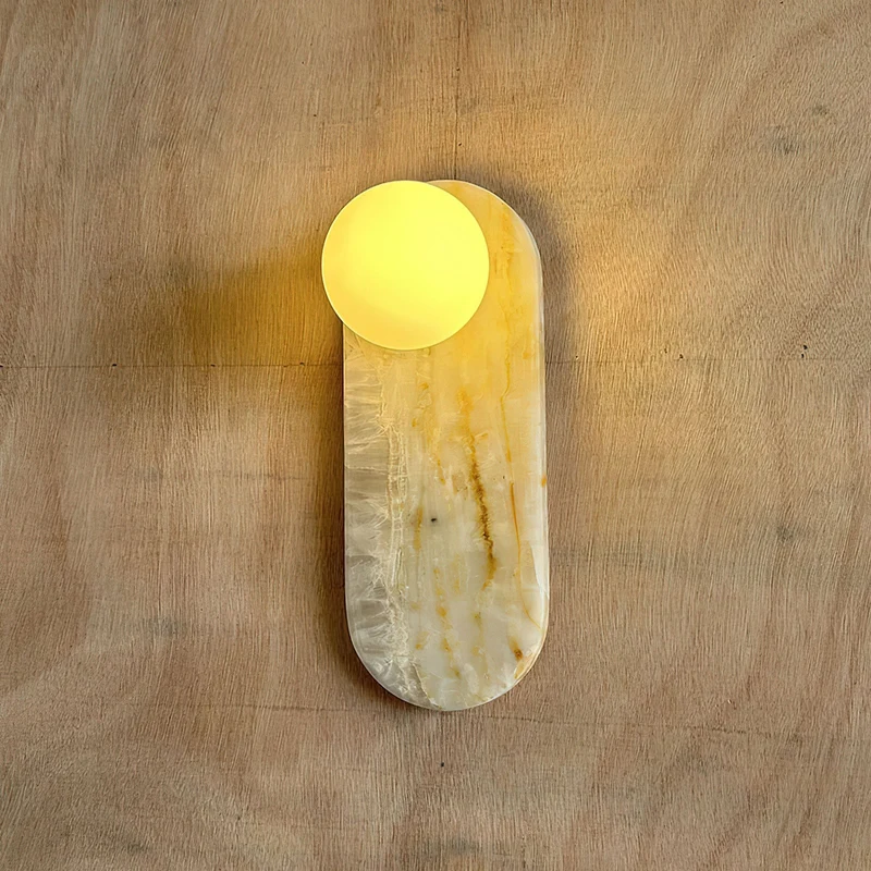 Luxe Wandlamp van Jade of Marmer met Glazen Kap – Mid Century Design Verlichting voor Slaapkamer en Hal | Sansoti