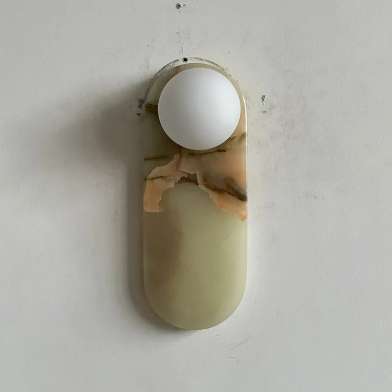 Luxe Wandlamp van Jade of Marmer met Glazen Kap – Mid Century Design Verlichting voor Slaapkamer en Hal | Sansoti