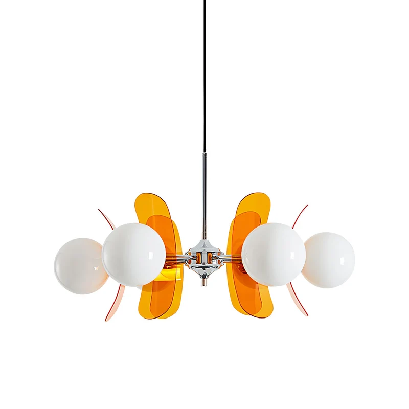 Moderne Sputnik Kroonluchter met Gekleurde Acryl Elementen en Witte Glazen Bollen – Design Hanglamp Meerdere Lichtpunten | Sansoti