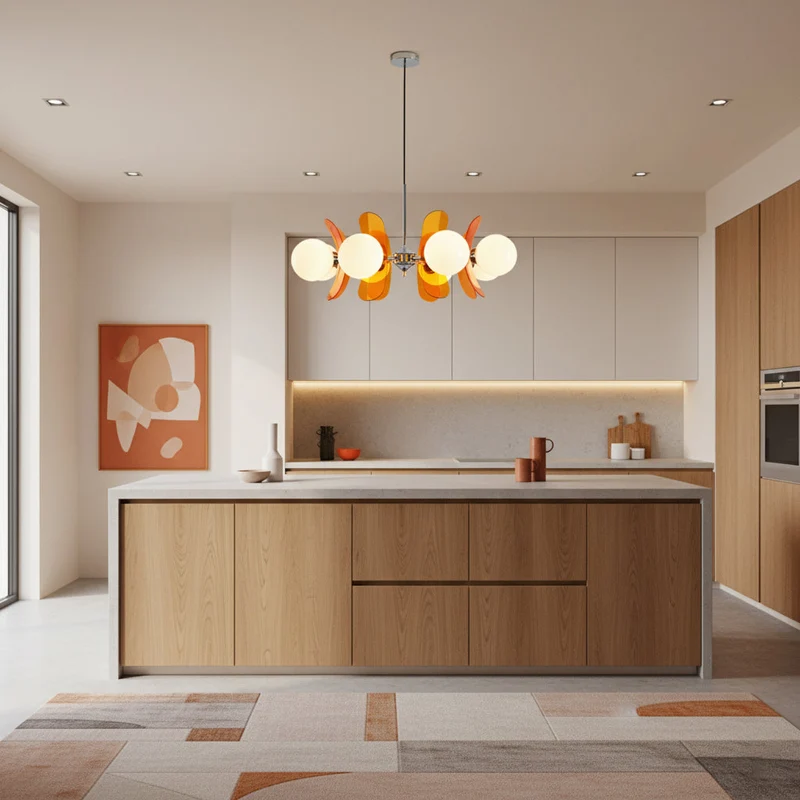 Moderne Sputnik Kroonluchter met Gekleurde Acryl Elementen en Witte Glazen Bollen – Design Hanglamp Meerdere Lichtpunten | Sansoti