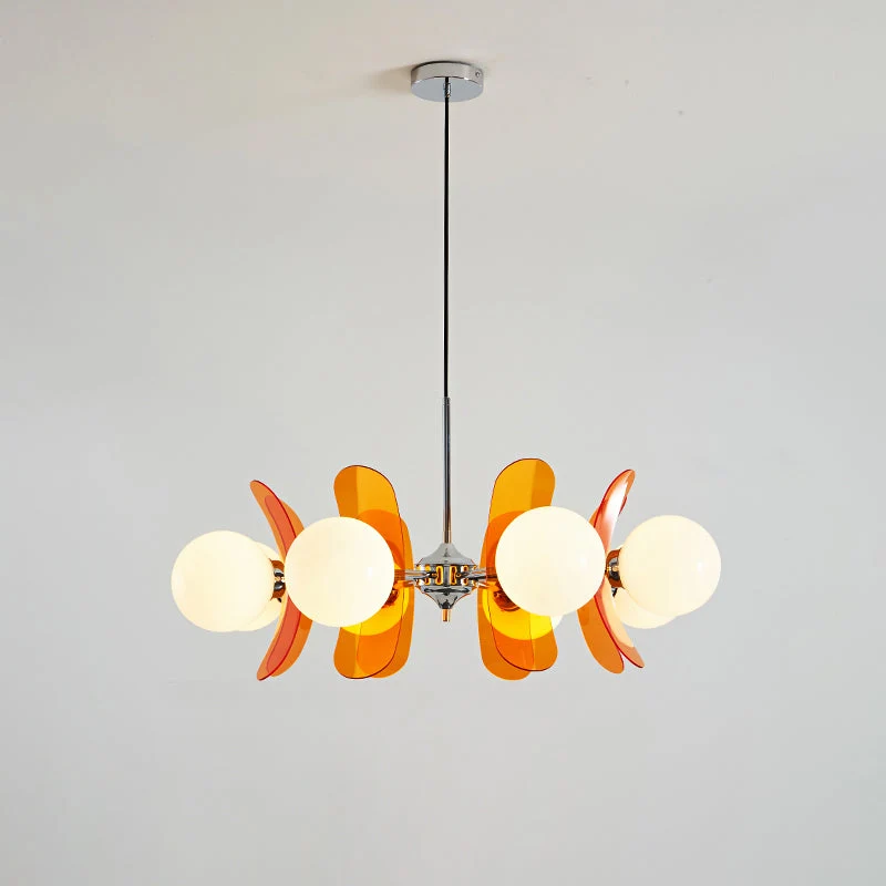 Moderne Sputnik Kroonluchter met Gekleurde Acryl Elementen en Witte Glazen Bollen – Design Hanglamp Meerdere Lichtpunten | Sansoti