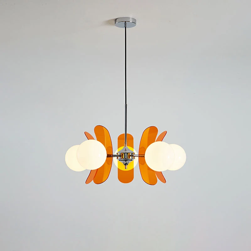 Moderne Sputnik Kroonluchter met Gekleurde Acryl Elementen en Witte Glazen Bollen – Design Hanglamp Meerdere Lichtpunten | Sansoti