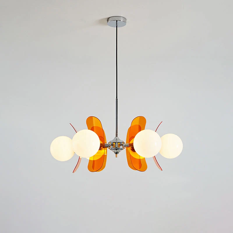 Moderne Sputnik Kroonluchter met Gekleurde Acryl Elementen en Witte Glazen Bollen – Design Hanglamp Meerdere Lichtpunten | Sansoti