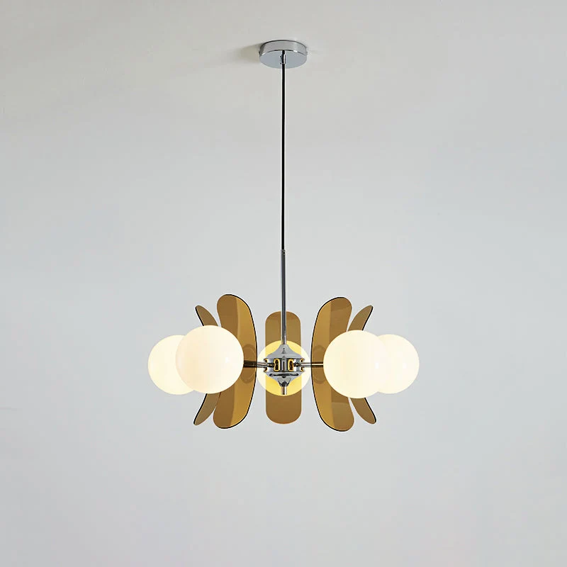 Moderne Sputnik Kroonluchter met Gekleurde Acryl Elementen en Witte Glazen Bollen – Design Hanglamp Meerdere Lichtpunten | Sansoti