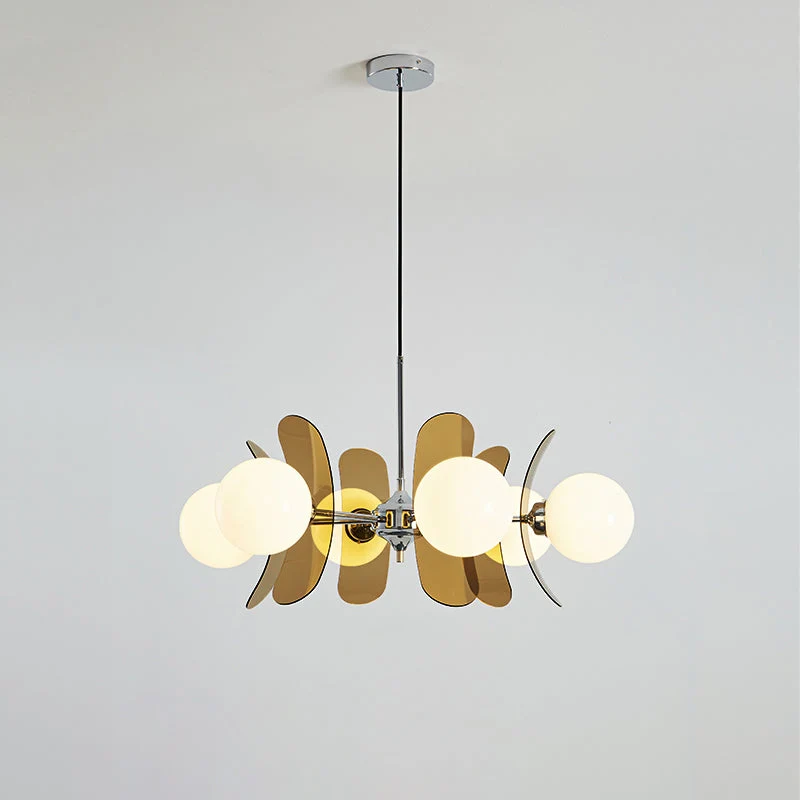 Moderne Sputnik Kroonluchter met Gekleurde Acryl Elementen en Witte Glazen Bollen – Design Hanglamp Meerdere Lichtpunten | Sansoti