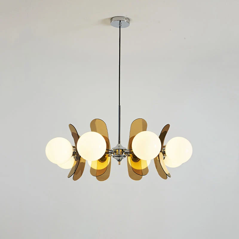 Moderne Sputnik Kroonluchter met Gekleurde Acryl Elementen en Witte Glazen Bollen – Design Hanglamp Meerdere Lichtpunten | Sansoti