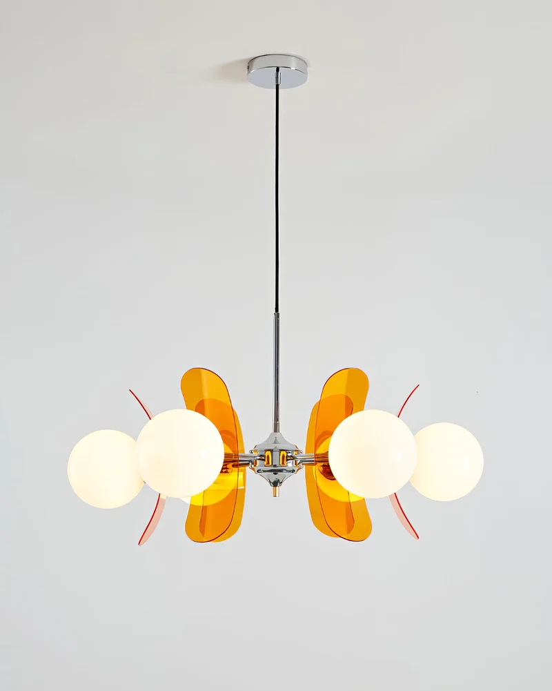 Moderne Sputnik Kroonluchter met Gekleurde Acryl Elementen en Witte Glazen Bollen – Design Hanglamp Meerdere Lichtpunten | Sansoti