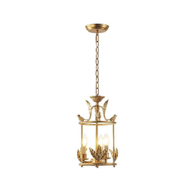 Barok Lantaarn Hanglamp met Vogel- en Bladdetails – Klassieke 3-Lichts Plafondlamp in Goud of Brons | Sansoti