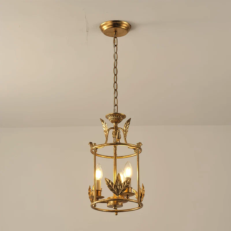 Barok Lantaarn Hanglamp met Vogel- en Bladdetails – Klassieke 3-Lichts Plafondlamp in Goud of Brons | Sansoti