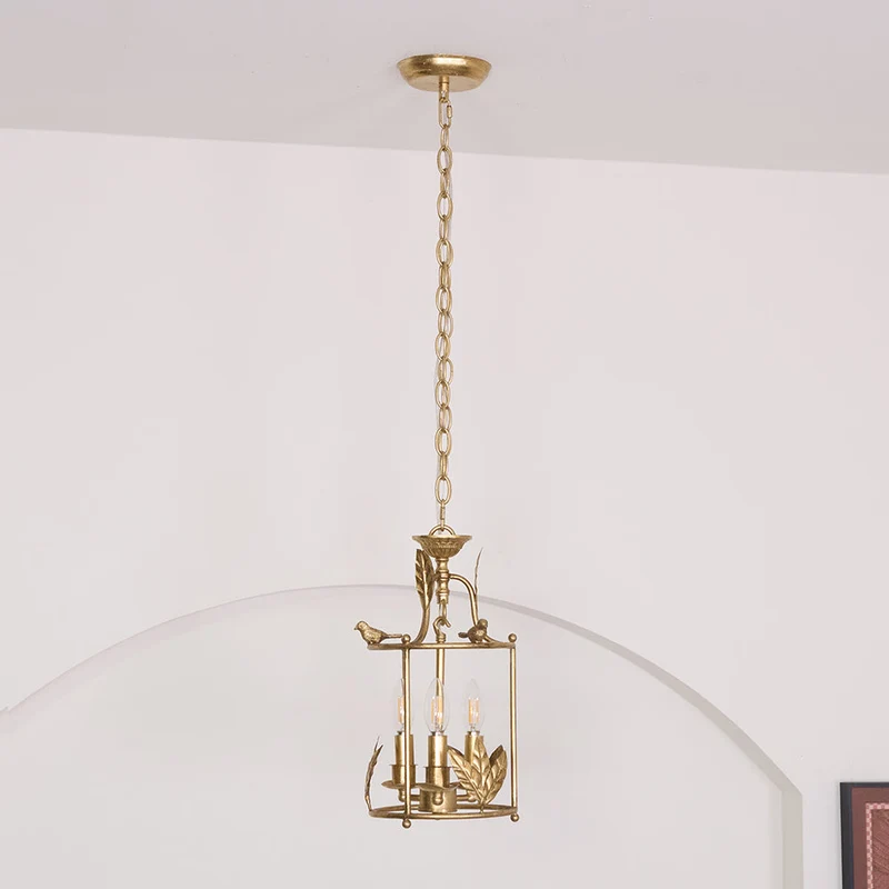 Barok Lantaarn Hanglamp met Vogel- en Bladdetails – Klassieke 3-Lichts Plafondlamp in Goud of Brons | Sansoti