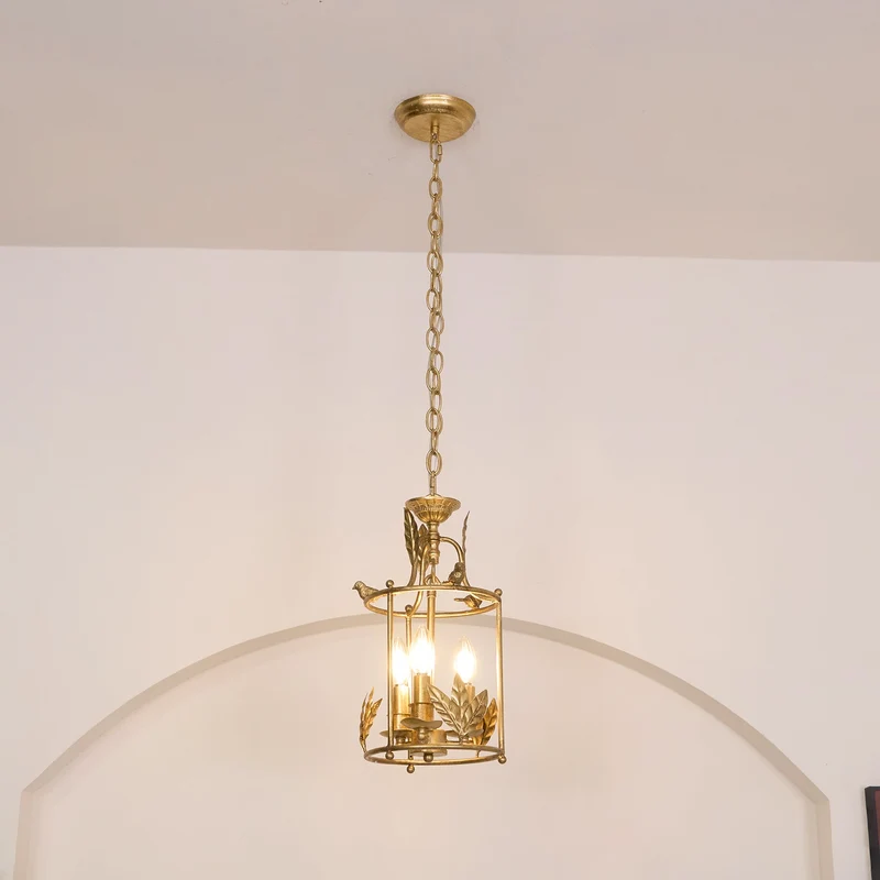 Barok Lantaarn Hanglamp met Vogel- en Bladdetails – Klassieke 3-Lichts Plafondlamp in Goud of Brons | Sansoti