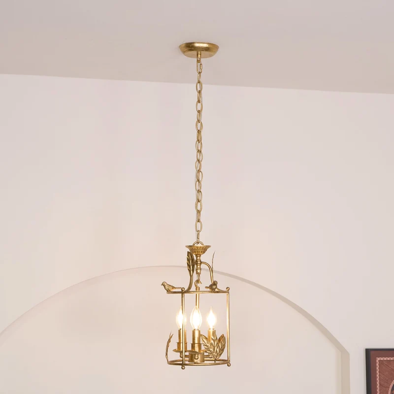 Barok Lantaarn Hanglamp met Vogel- en Bladdetails – Klassieke 3-Lichts Plafondlamp in Goud of Brons | Sansoti