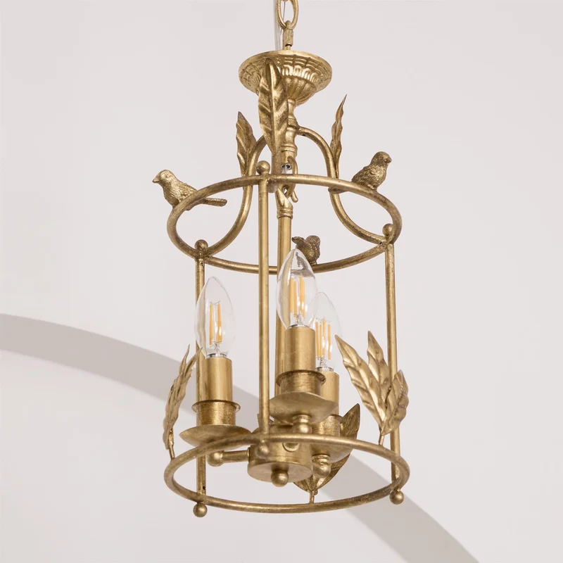 Barok Lantaarn Hanglamp met Vogel- en Bladdetails – Klassieke 3-Lichts Plafondlamp in Goud of Brons | Sansoti
