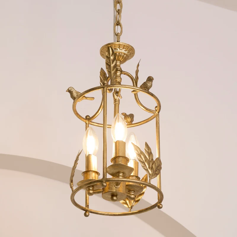 Barok Lantaarn Hanglamp met Vogel- en Bladdetails – Klassieke 3-Lichts Plafondlamp in Goud of Brons | Sansoti