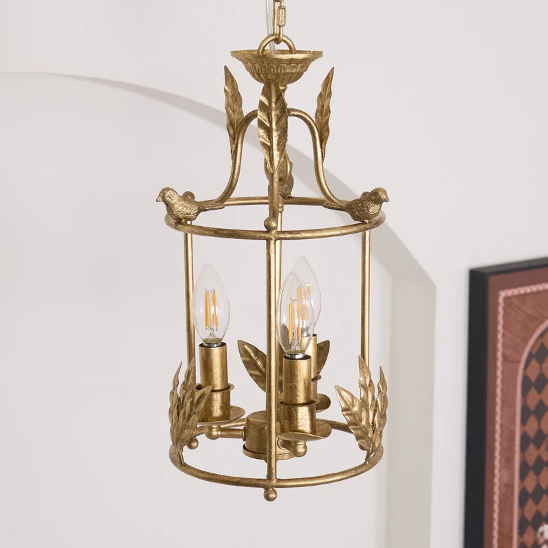 Barok Lantaarn Hanglamp met Vogel- en Bladdetails – Klassieke 3-Lichts Plafondlamp in Goud of Brons | Sansoti