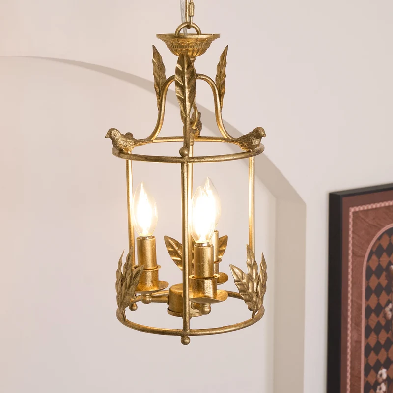 Barok Lantaarn Hanglamp met Vogel- en Bladdetails – Klassieke 3-Lichts Plafondlamp in Goud of Brons | Sansoti