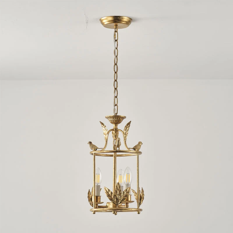 Barok Lantaarn Hanglamp met Vogel- en Bladdetails – Klassieke 3-Lichts Plafondlamp in Goud of Brons | Sansoti