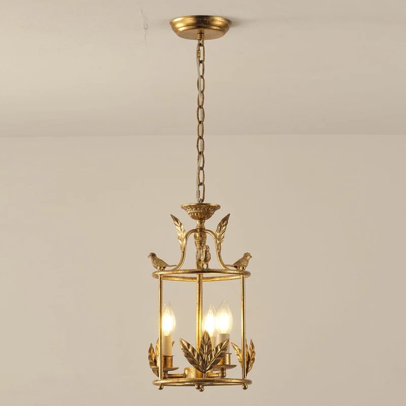 Barok Lantaarn Hanglamp met Vogel- en Bladdetails – Klassieke 3-Lichts Plafondlamp in Goud of Brons | Sansoti