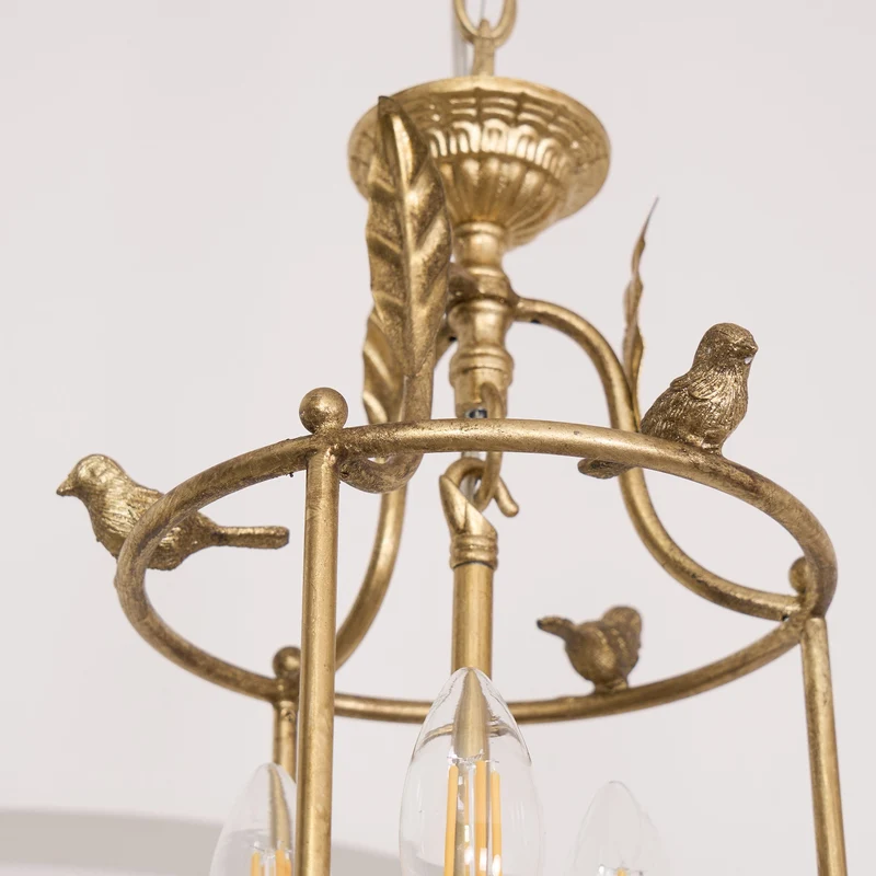 Barok Lantaarn Hanglamp met Vogel- en Bladdetails – Klassieke 3-Lichts Plafondlamp in Goud of Brons | Sansoti