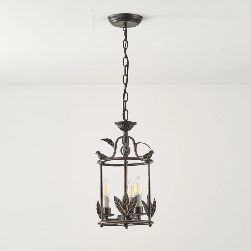 Barok Lantaarn Hanglamp met Vogel- en Bladdetails – Klassieke 3-Lichts Plafondlamp in Goud of Brons | Sansoti