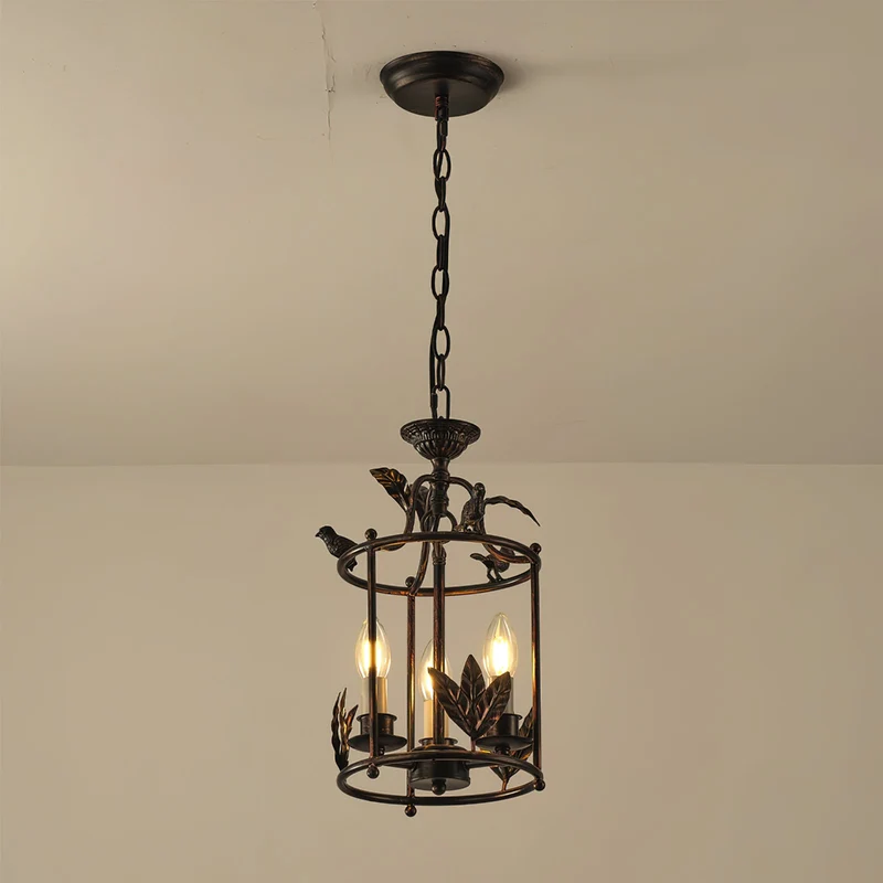 Barok Lantaarn Hanglamp met Vogel- en Bladdetails – Klassieke 3-Lichts Plafondlamp in Goud of Brons | Sansoti