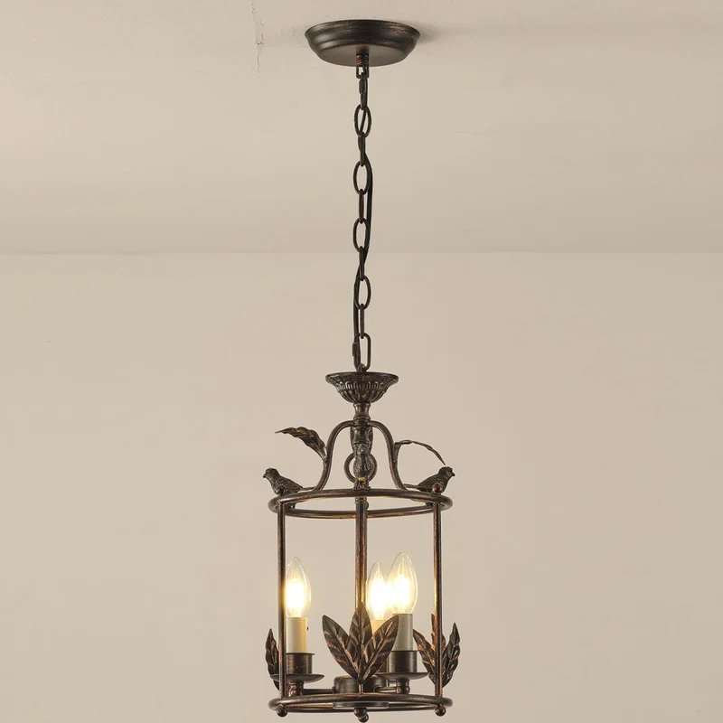 Barok Lantaarn Hanglamp met Vogel- en Bladdetails – Klassieke 3-Lichts Plafondlamp in Goud of Brons | Sansoti